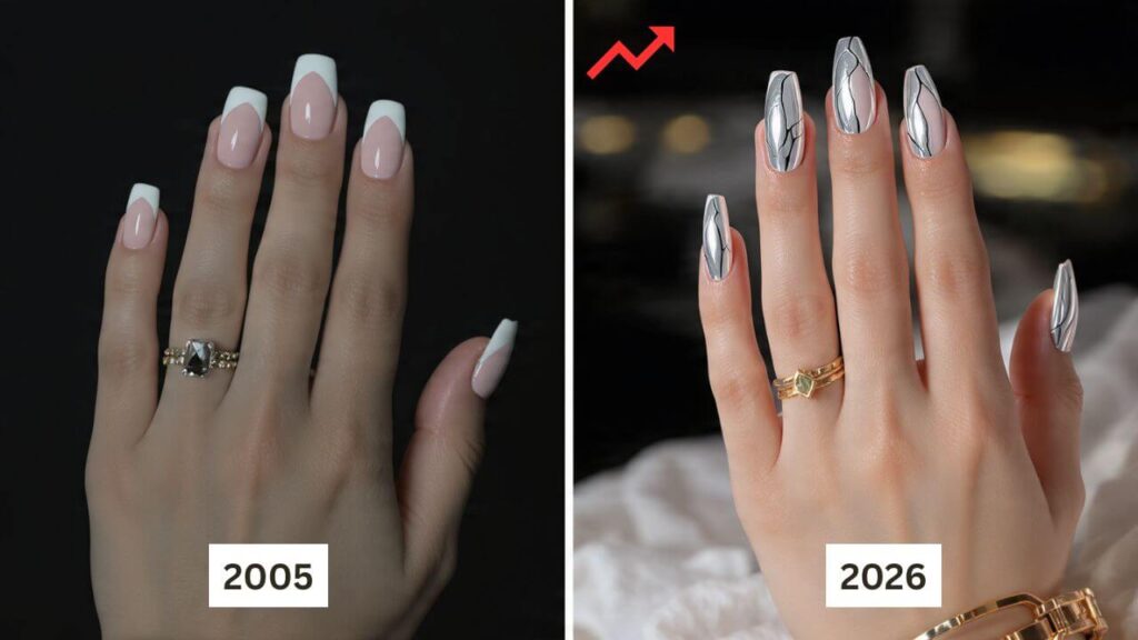 Comparison of 2005 basic nails vs 2026 luxury sculpted Acrylic nails 2026 art by vibe annex.