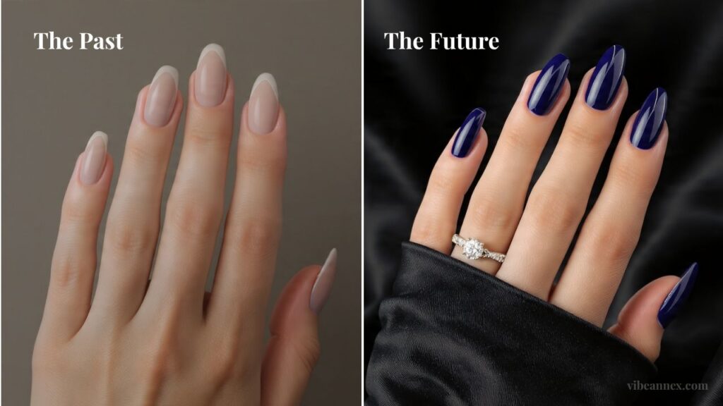 Comparison of plain beige nails vs 2026 luxury cat eye nails velvet micro-art.