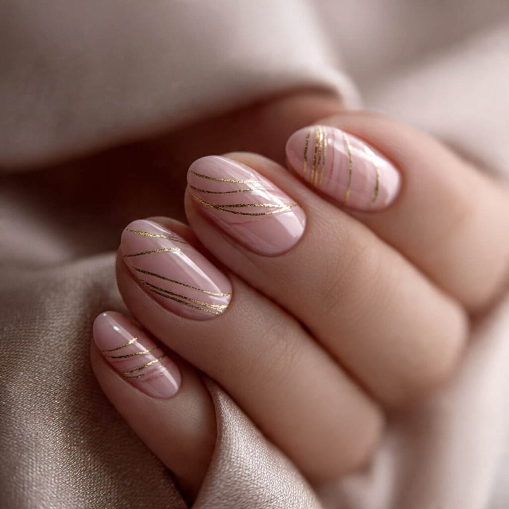 mothers day nails 2026 Short Almond Micro Metallic Thread Lines​