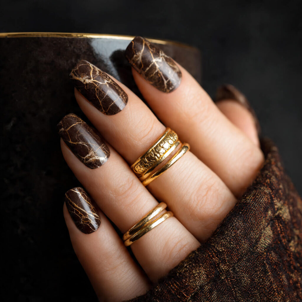 fall nails 2026 Espresso Gold Vein Marble 🏛️​