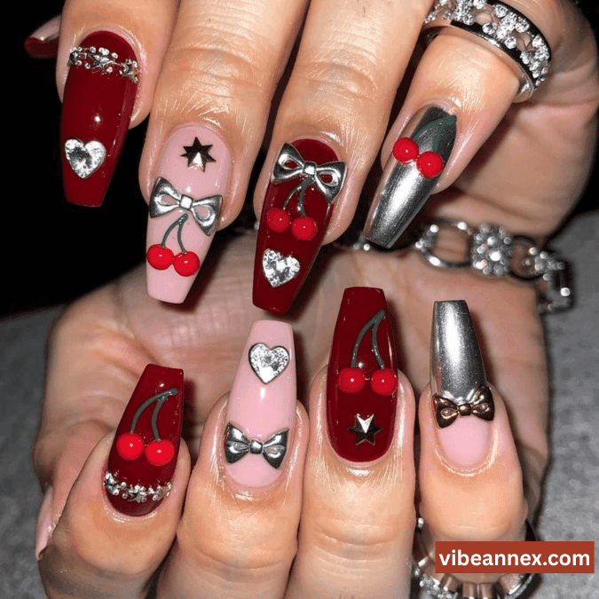 Multi-Colored Nail Designs 2026 Cherry Charm Colorful Junk Nails 🍒 ​
