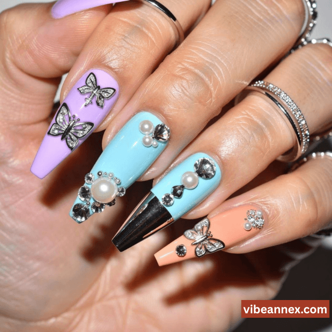 Multi-Colored Nail Designs 2026 Pastel Bling Colorful Junk Nails 🦋✨​