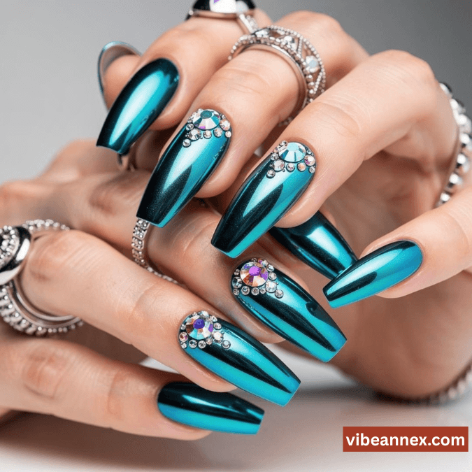 Multi-Colored Nail Designs 2026 Electric Aqua Chrome Nails 💎​