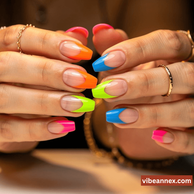 Multi-Colored Nail Designs 2026 Digital Neon French Nails 🌙​