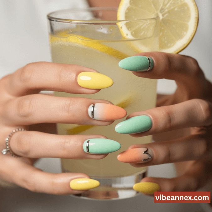 Multi-Colored Nail Designs 2026 Lemon Mint Gradient Nails 🍋​
