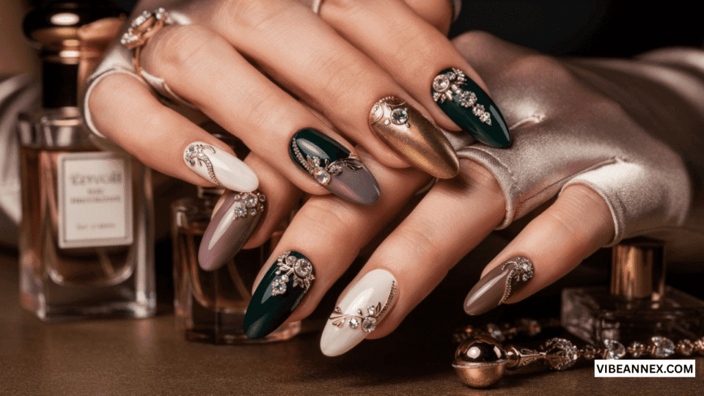 Luxury multi-colored nail designs 2026 with gold and emerald art for 2026 by Vibe Annex